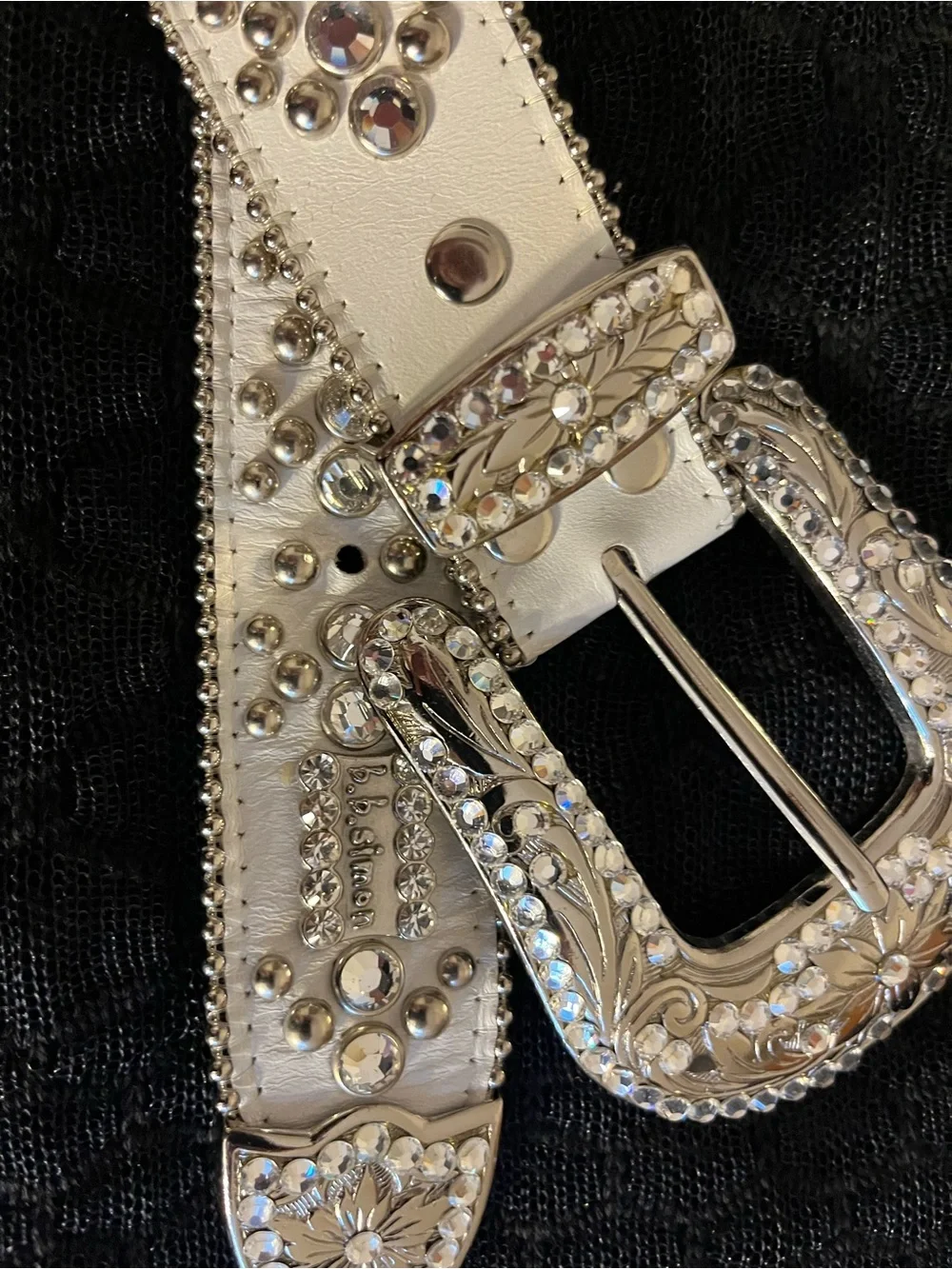 B.B. Simon Crystal-Studded Leather Belt with Rhinestone Buckle